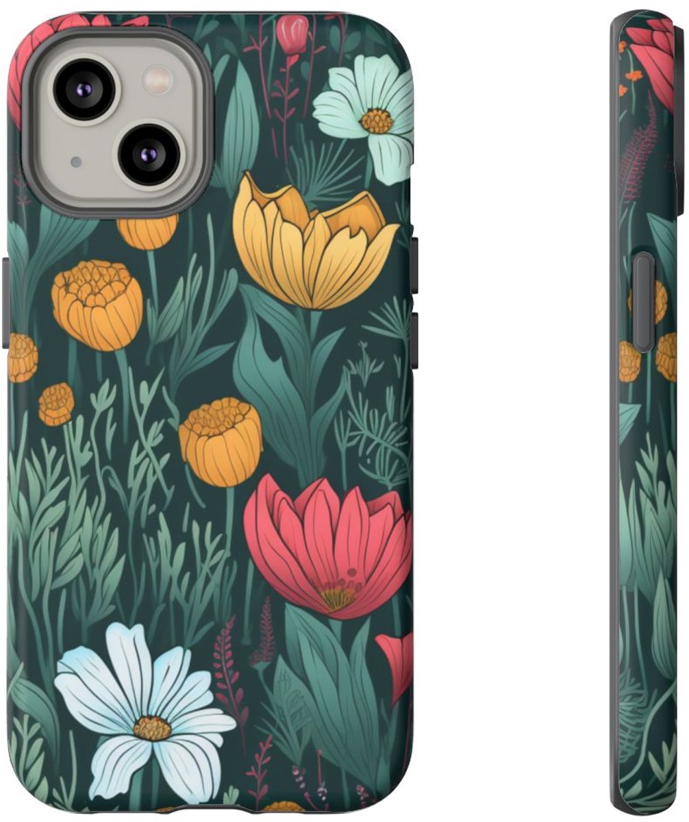 Handgetekend Bloemenweidepatroon – Telefoonhoesje Geschikt voor iPhone 14