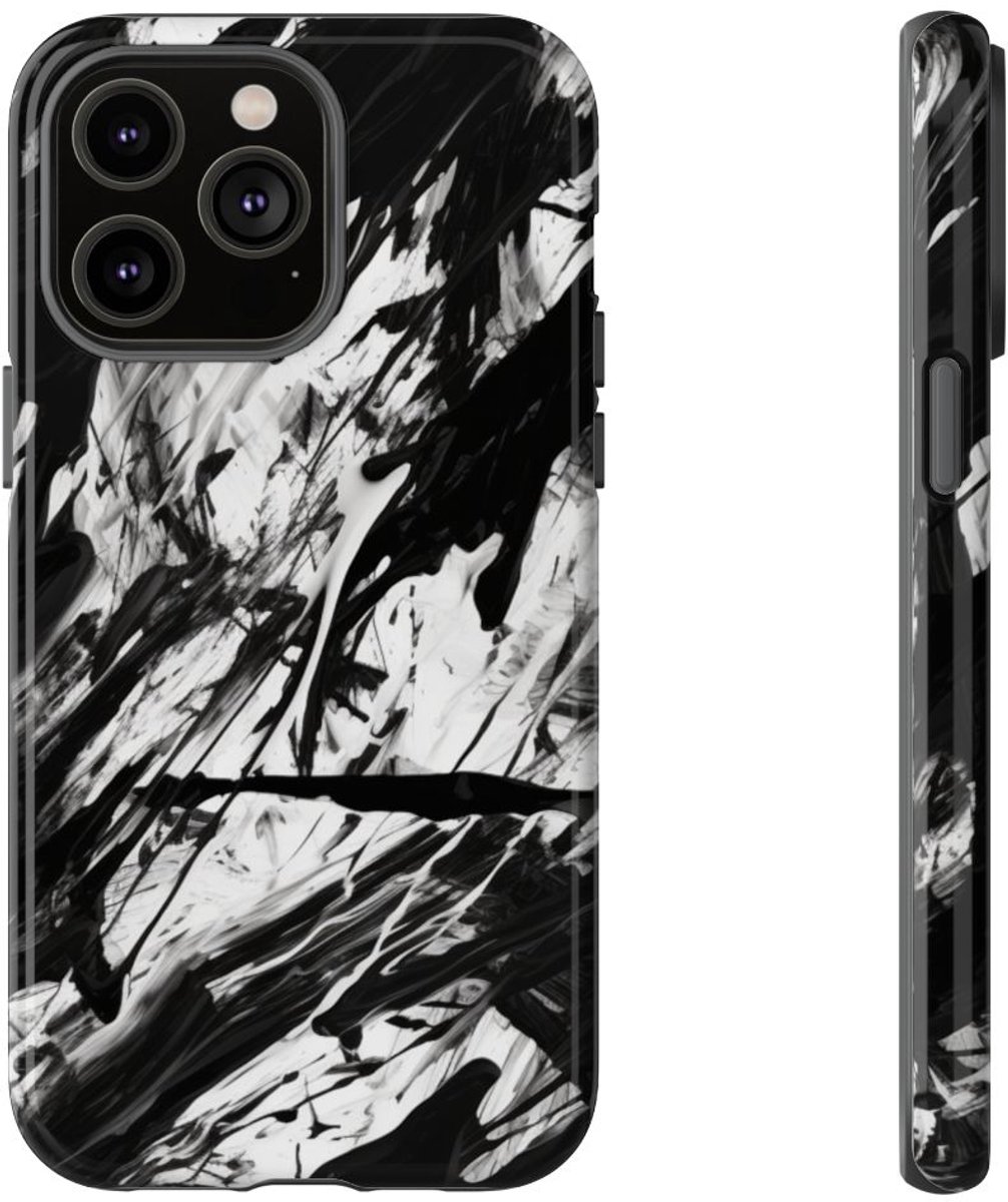 Zwart-Witte Abstracte Penseelstreken – Telefoonhoesje Geschikt voor iPhone 14 Pro Max