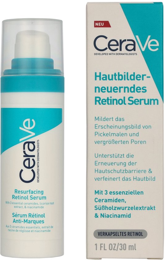 CeraVe Resurfacing Retinol Serum pompflacon en verpakking. Wit met blauwe en rode "NEU" sticker.