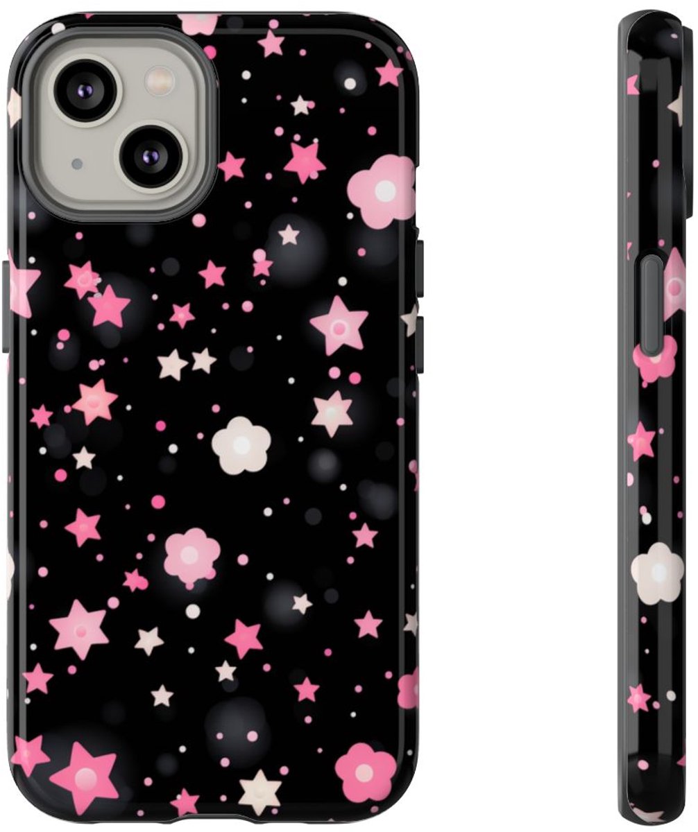 Roze en Witte Sterren en Bloemenpatroon – Telefoonhoesje Geschikt voor iPhone 14