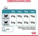 Tabel met voedingsrichtlijnen voor katten van verschillende gewichten, met "GEBRUIKSAANWIJZING" en "Water".
