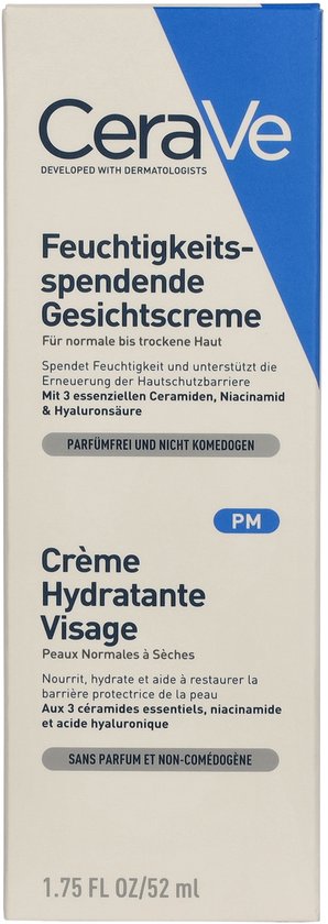 CeraVe Feuchtigkeitsspendende Gesichtscreme doosje. Voor normale tot droge huid. Met 3 essentiële ceramiden, niacinamide & hyaluronsäure. Parfumfrei und nicht komedogen. PM.