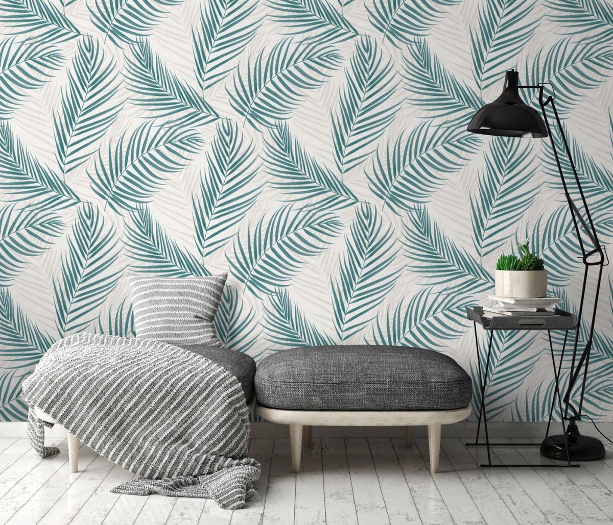 Tropisch behang, Ideaal voor woonkamer en slaapkamer, Eva blauwgroen behang in bladeren stijl, BRICOFLOR.NL