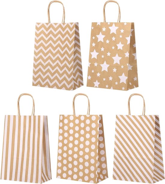 MAOOY 100 stuks papieren zakken met handvat Kleine cadeauzakjes papieren tasjes bruin 15 x 8 x 21 cm, kraftpapieren zak met handvat cadeauzakjes voor winkelen, bruiloften, verpakkingen, feesten