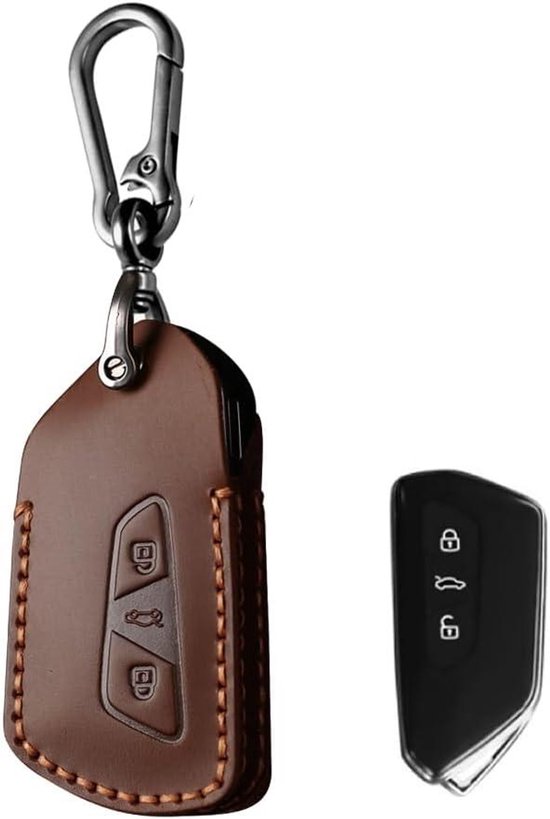 Allecto plus - Étui pour Clé de Voiture en Cuir Marron | VW Golf 8 Cupra Formentor | Coque de clé Seat Leon Ateca Skoda Octavia | Housse de protection 3 boutons | Porte-clés inclus