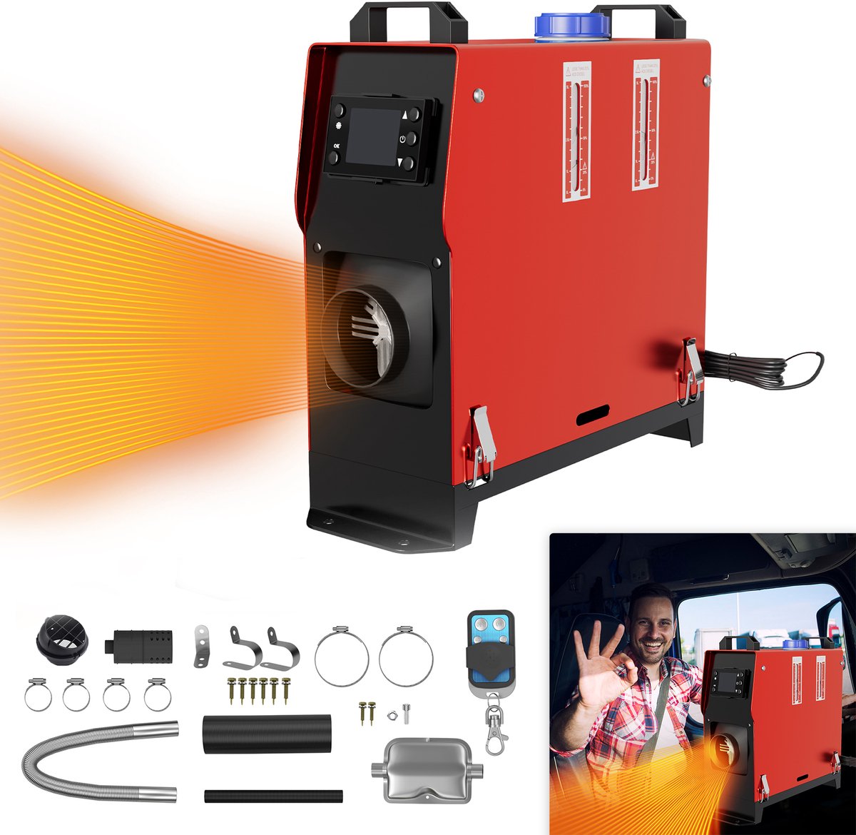 LZQ 12V Diesel Luchtverwarmer Standverwarming Diesel 8KW Lucht Diesel Standverwarmer Verwarming Auto Verwarming Dieselverwarmer Met Afstandsbediening LCD & Luchtuitlaat Voor Vrachtwagen Campers Auto RV (Rood + Zwart LCD)