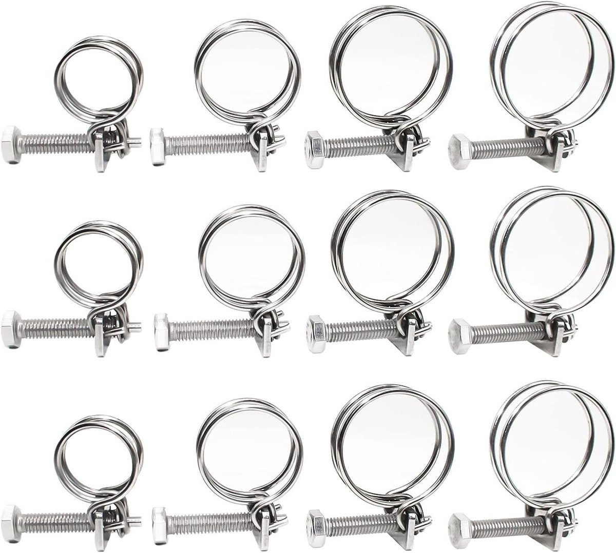 Allecto Plus - Slangklemmen met dubbele draad, roestvrij staal, instelbare draadslangklemmen - Voor familie, waterleiding, tank, autotubing - Set van 12 stuks