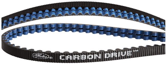 Zwarte Gates riem met blauwe tandjes.