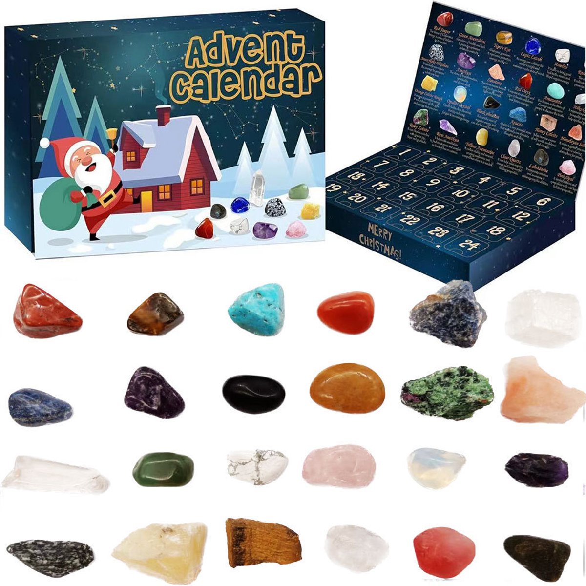 Adventskalender met 24 soorten kristallen, kerstversiering voor volwassenen - kristalstenen verzameling.