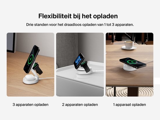 Drie afbeeldingen die de flexibiliteit van de Belkin draadloze oplader tonen: voor 1, 2 of 3 apparaten.