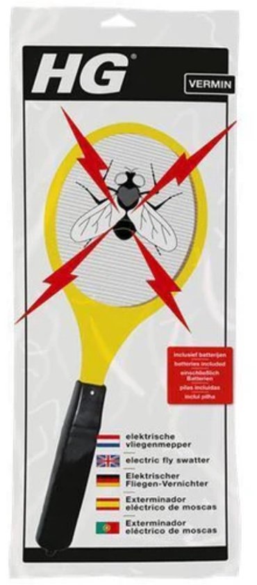 HG elektrische vliegenmepper met een geel handvat en een zilverkleurig net, met een zwarte vlieg en rode bliksemschichten.