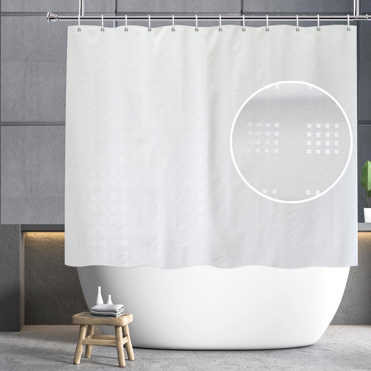 Ibenzoa® Wit polyester douchegordijn met geometrisch patroon en roestvrije ringen