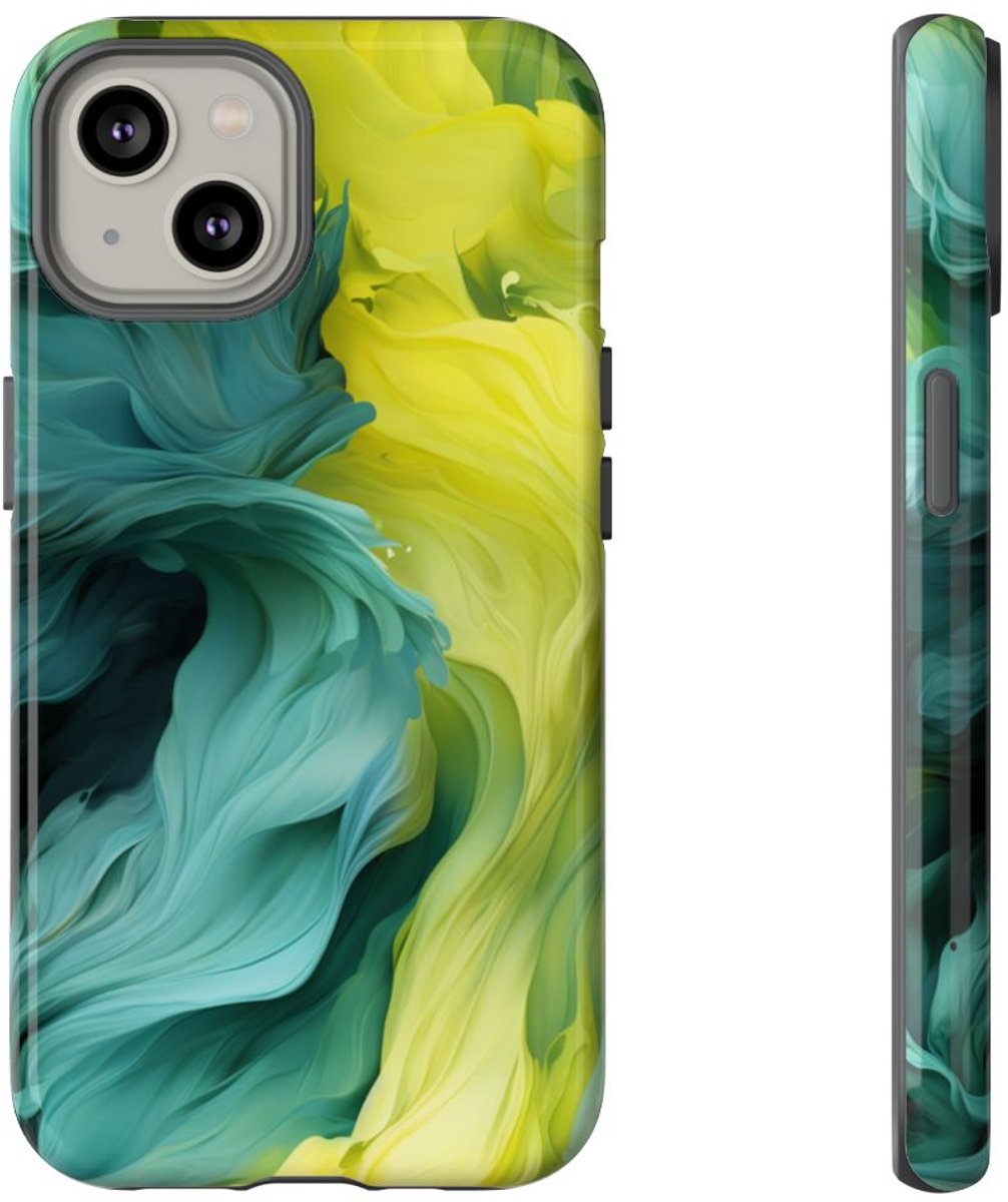 Vloeiend Gele en Groene Abstracte Kunst – Telefoonhoesje Geschikt voor iPhone 14
