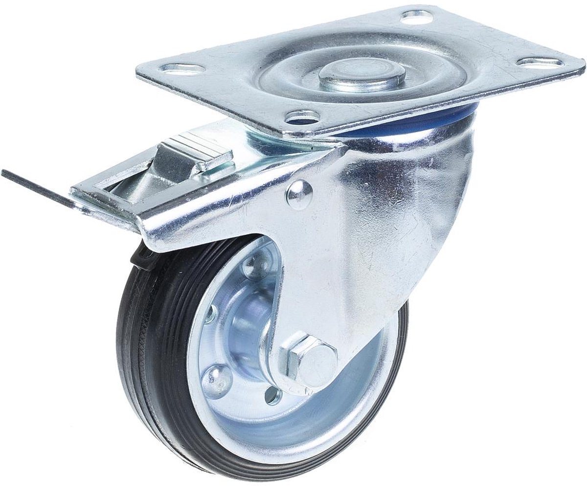 80 mm zwenkwiel met rem en zwenkwiel met zwart rubber op een hartwiel van geperst staal