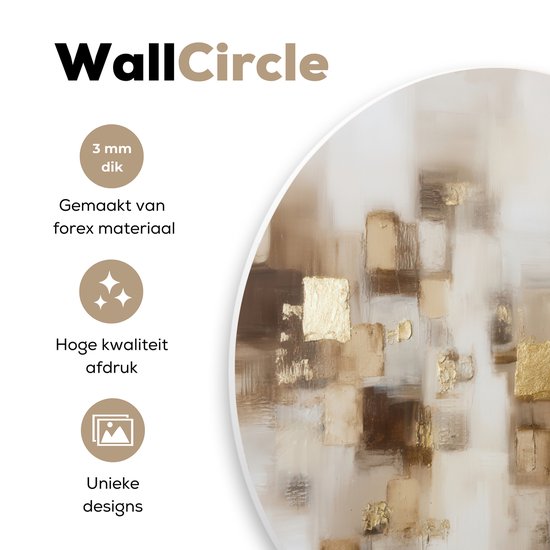 Ronde muurcirkel met abstracte bruine en gouden vierkanten. Tekst "WallCircle", "3 mm dik", "Gemaakt van forex materiaal", "Hoge kwaliteit afdruk", "Unieke designs".