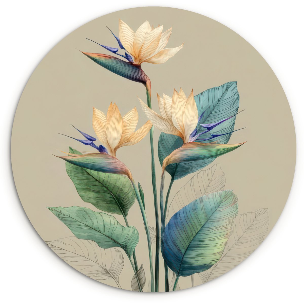 WallCircle Wandcirkel 120x120 cm - Muurcirkel Paradijsvogelbloemen - Blauwgroene bladeren - Beige - Muurdecoratie woonkamer - Wanddecoratie slaapkamer - Kamer decoratie accessoires - Ronde schilderijen