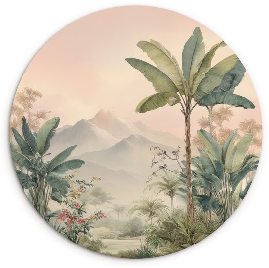 WallCircle® Wandcirkel 30x30 cm - Cercle mural Paysage tropical - palmiers - Fleurs - Ciel rose - Décoration murale salon - Décoration murale chambre - Accessoires de décoration de chambre - Tableaux ronds