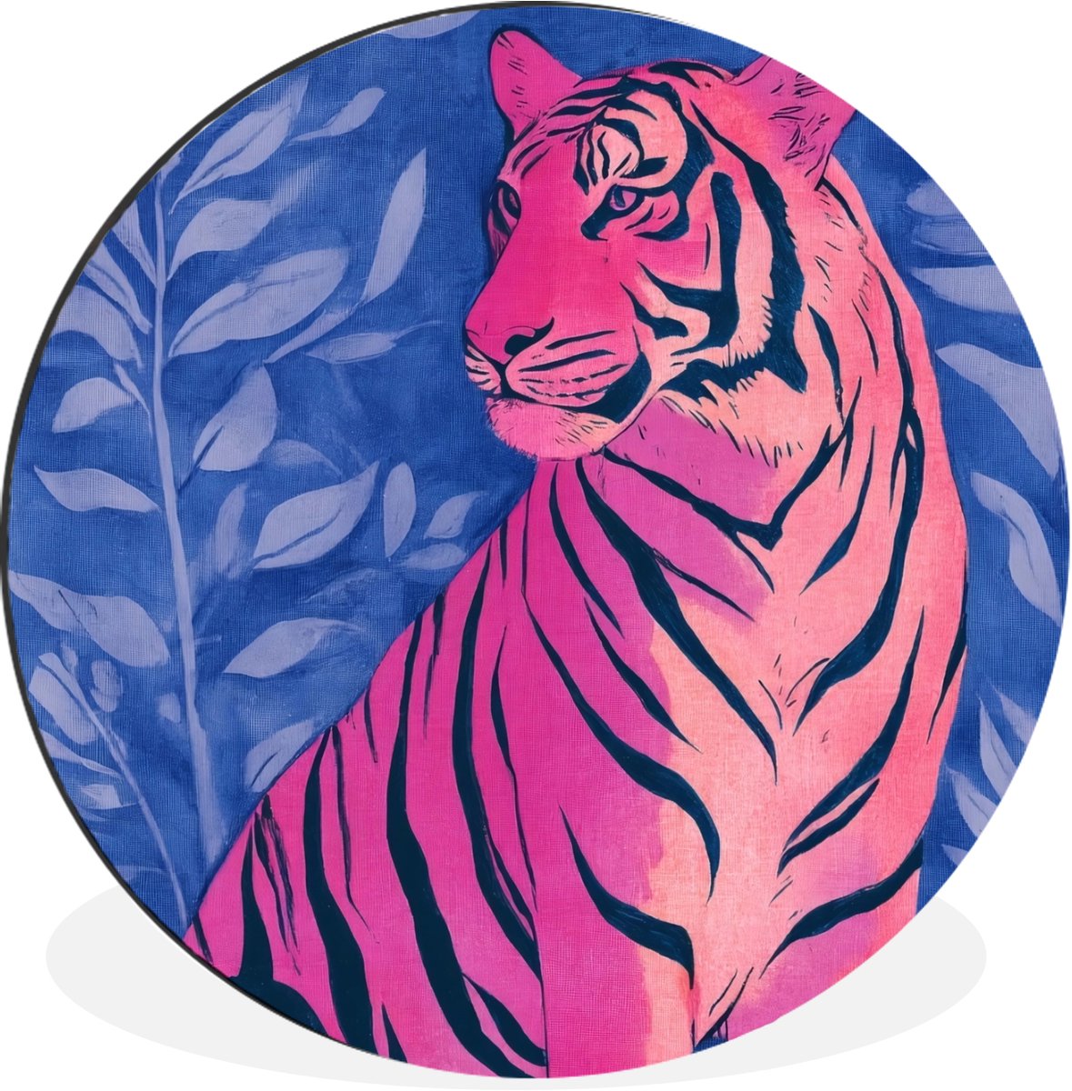 WallCircle Wandcirkel - Muurcirkel - Tijger - Roze - Bladeren - Jungle - Aluminium - Dibond - 120x120 cm - Binnen en Buiten Tijger - Bladeren