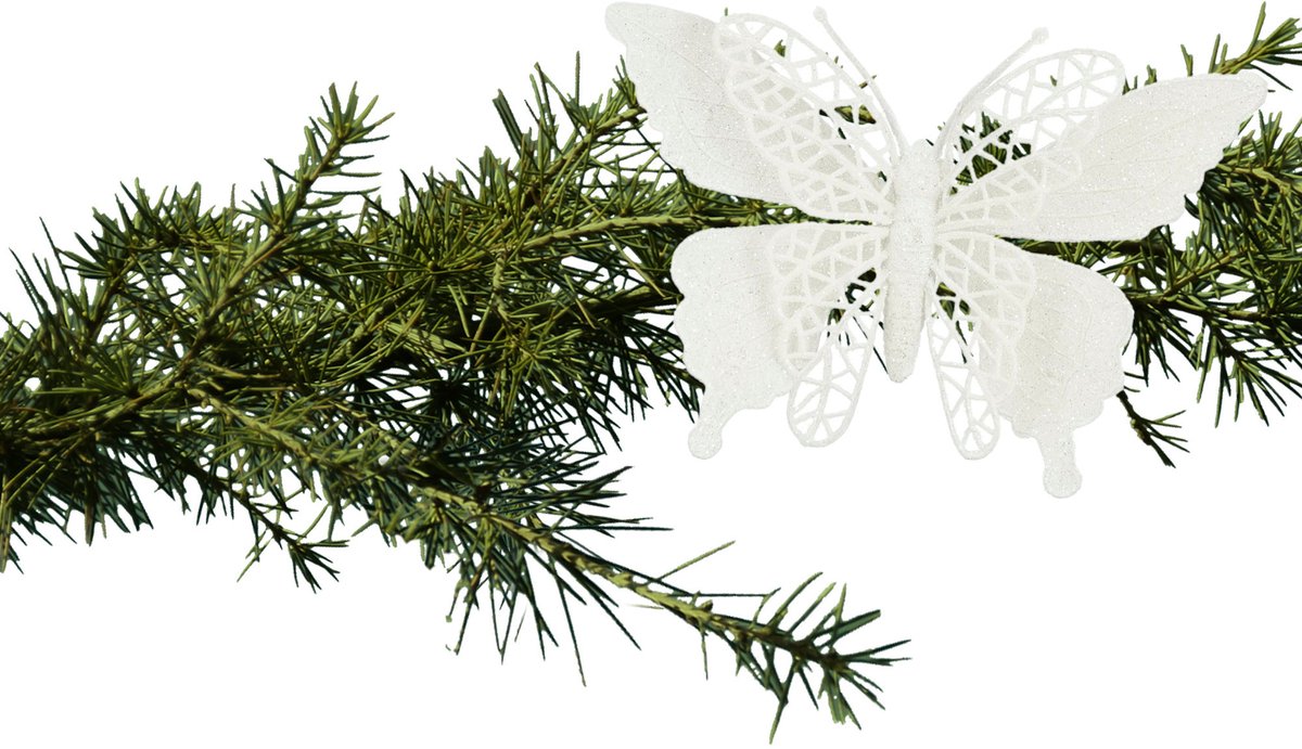 House of Seasons Kerstboomversiering Vlinder - 2x stuks - 16 cm - wit glitter - op clip