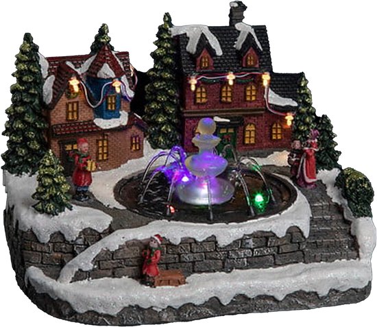 Feeric Lights & Christmas Kerstdorp tafereel - huisjes met fontein - led licht- 24 cm