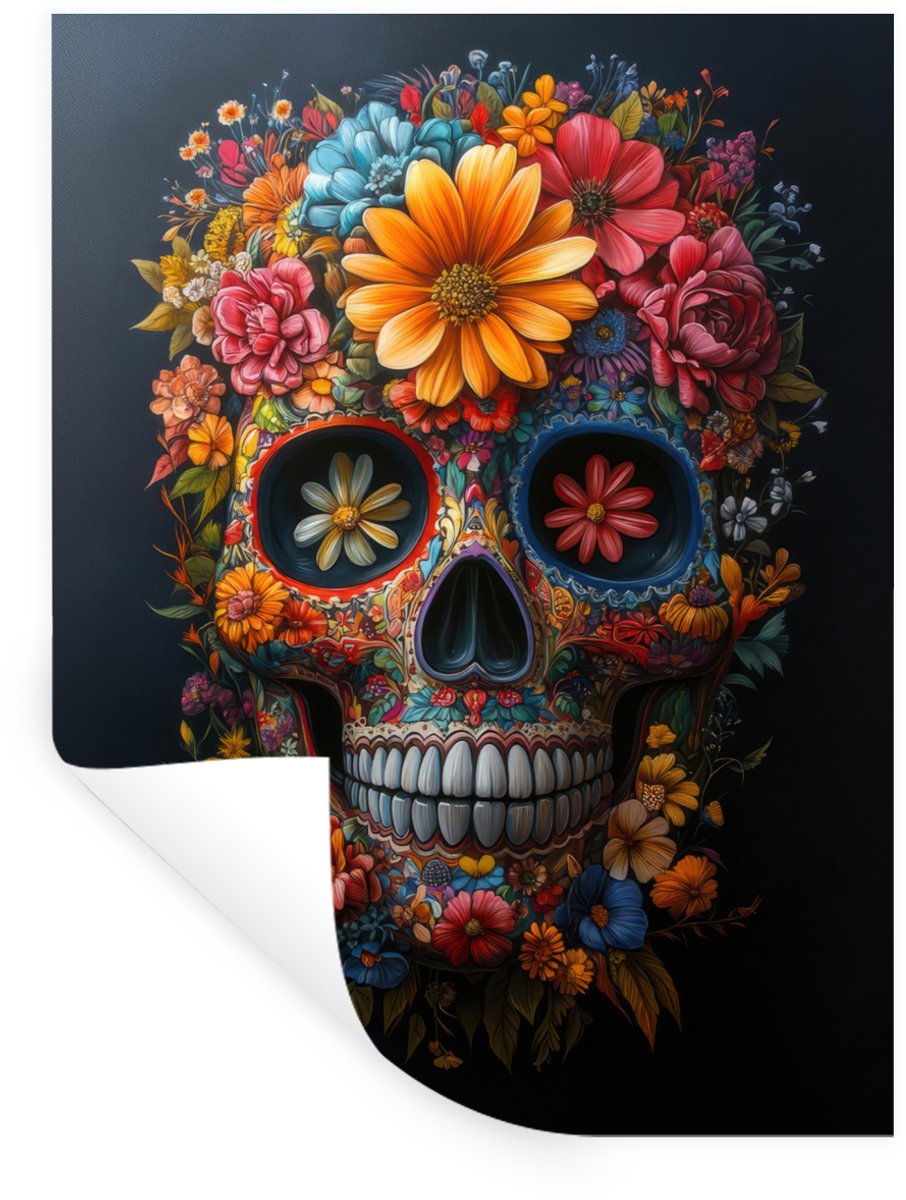 Muurstickers - Sticker Folie - Bloemen - Kleurrijk - Schedel - 90x120 cm - Plakfolie - Muu