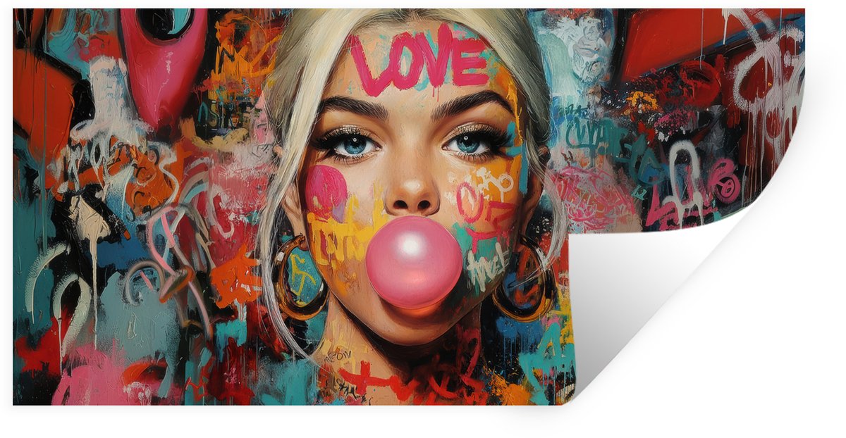 Muurstickers - Sticker Folie - Vrouw - Kauwgom - Graffiti - Love - 80x40 cm - Plakfolie - 