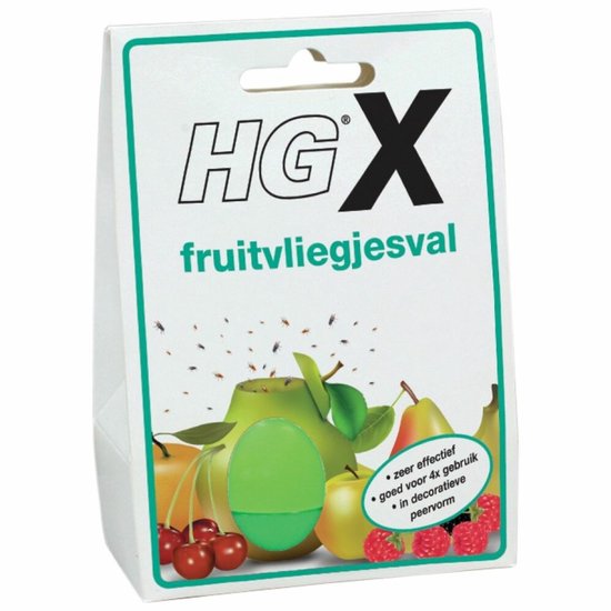 HG X fruitvliegjesval met fruitillustraties en vliegjes.
