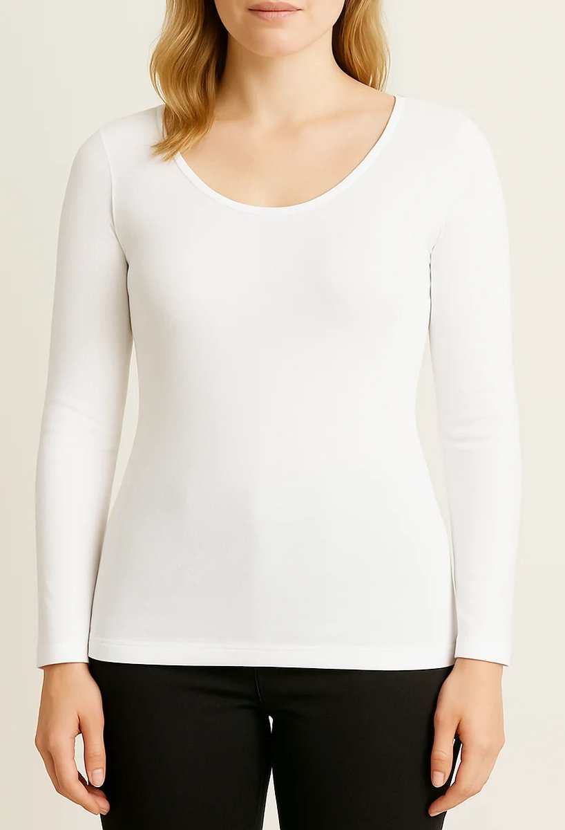 Entex thermo shirt dames lange mouw - Warm wollen ondershirt - Diepe ronde hals - Crème / L - Creme
