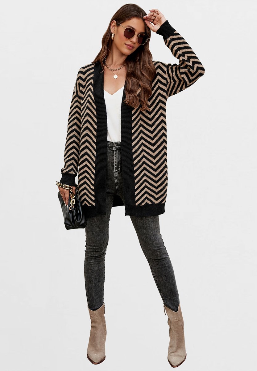 Ontspannen, geometrisch intarsia, comfortabel zacht vest in beige en zwart