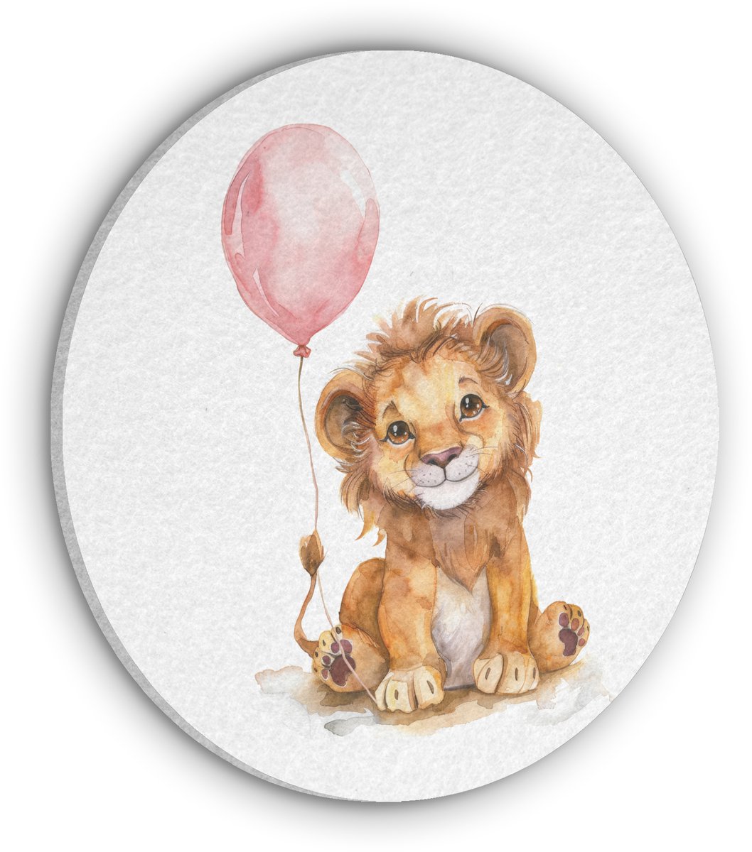 Akoestisch wandpaneel rond 60x60 cm - Vilt schilderij Leeuw - Baby dier - Dieren - Roze ballon - Ronde akoestische panelen - Geluidsdempende wanddecoratie - Geluidsisolatie wandcirkel - Muurdecoratie geluidspanelen
