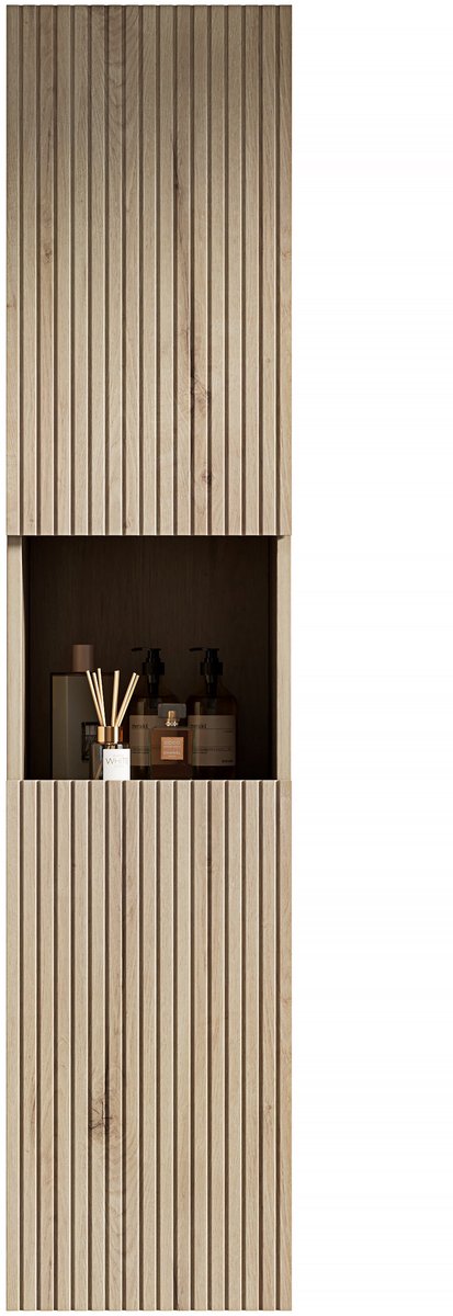 Merax Smalle Hoge Badkamerkast – Wandkast 160 cm met 2 Deuren en Open Vakken – Badkamer Opbergkast Wit Eiken Houtlook