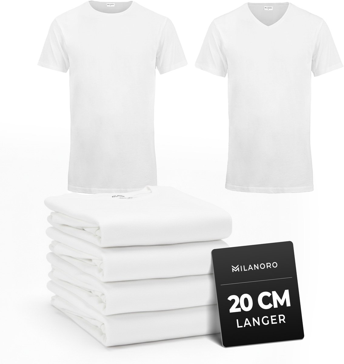 Milanoro - 4-pack extra lange katoenen T-shirts - Wit - V-hals - S