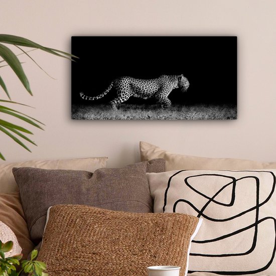 Peinture sur toile - Animaux sauvages - Léopard - Herbe - Zwart - Wit - Canvasdoek - 40x20 cm - Photo sur toile - Décoration murale