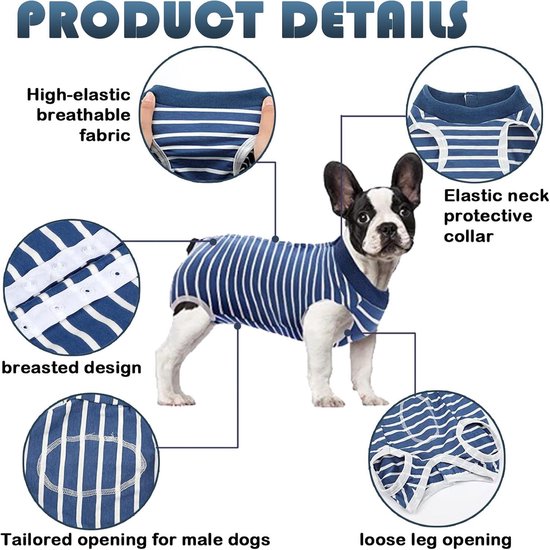 Productdetails van een blauw gestreept herstelpak voor honden, met close-ups van de stof, kraag en openingen.