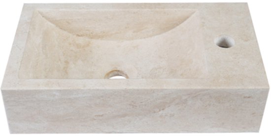 Lavabo rectangulaire en travertin avec une cuve incurvée et trou de robinetterie sur le côté droit.