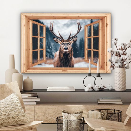 Tableau sur toile 90x60 cm - Décoration murale Vue - Cerf - Animaux - Paysage d'hiver - Neige - Décoration murale salon - Décoration chambre - Accessoires chambre - Peintures