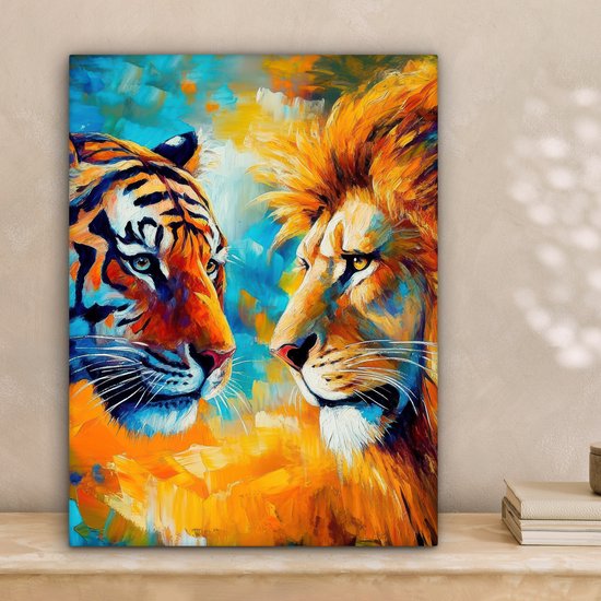Canvas schilderij 30x40 cm - Wanddecoratie Dieren - Kunst - Leeuw - Tijger - Muurdecoratie woonkamer - Slaapkamer decoratie - Kamer accessoires - Schilderijen op canvas
