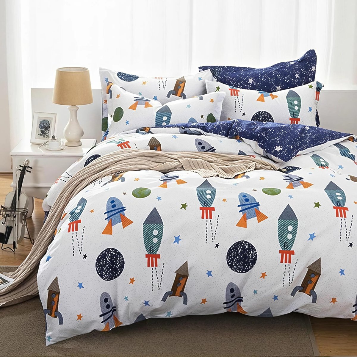 Ibenzoa® Omkeerbaar kinderbeddengoed met raket en sterrenpatroon van katoen
