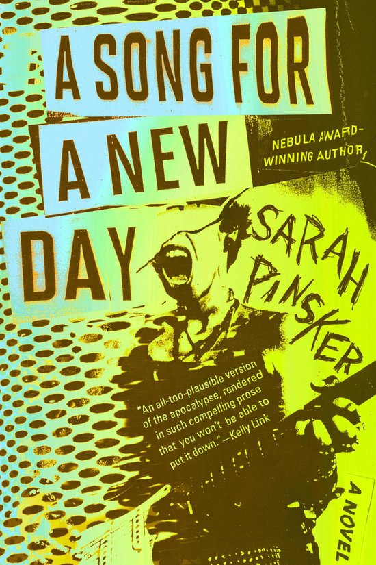 Couverture du livre "A Song for a New Day" avec le titre en grosses lettres jaunes et un visage hurlant.