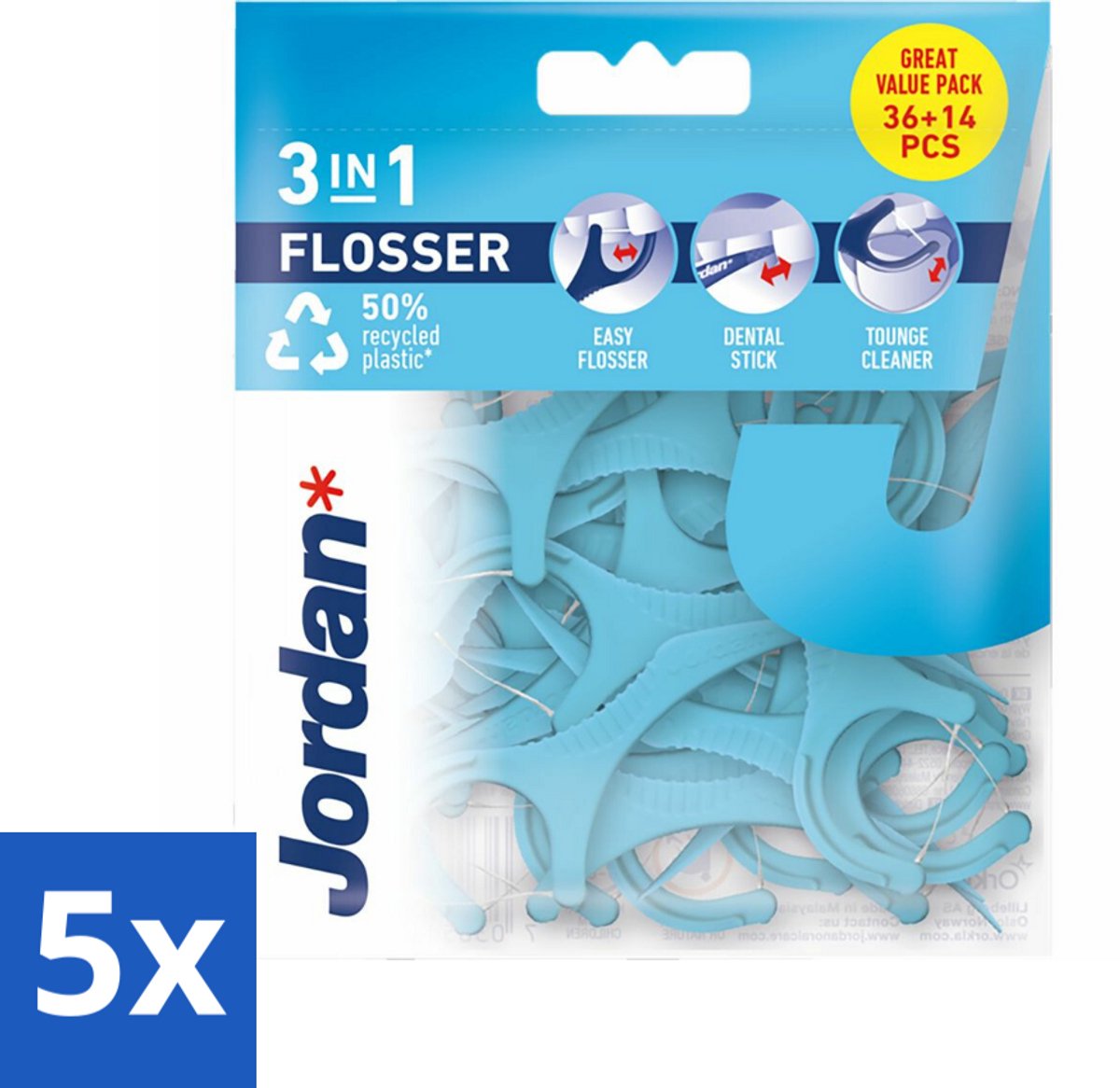 5 x Jordan Flosser 3-in-1 50 stuks per verpakking - 3-in-1 Flosser - Mondhygiëne - Flosdraad - Tandenstoker - Tongschraper