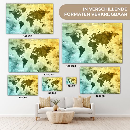 Wereldkaart avec peinture jaune qui passe au bleu sur fond avec journal 60x40 cm