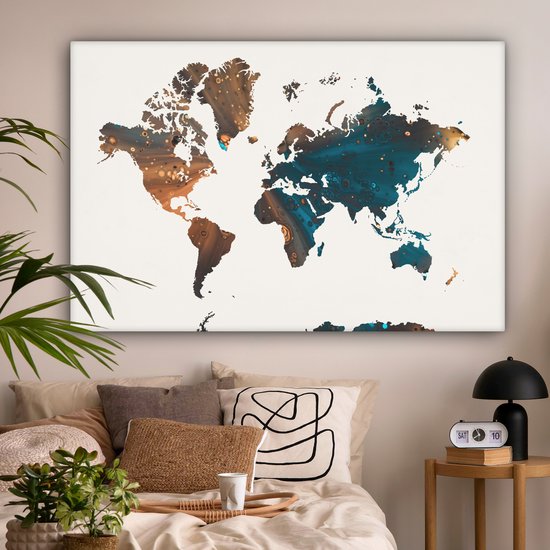 Wereldkaart en peinture bleu foncé et orange sur fond rose 180x120 cm