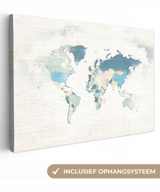 Wereldkaart avec des pays colorés avec des couleurs pastel sur fond avec motif texturé 30x20 cm