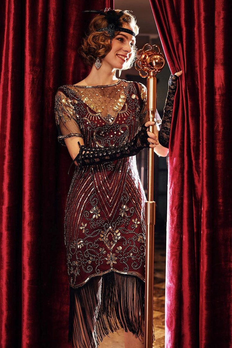 Viloree Flapperjurk, jaren 20, roaring twenties, franjes, pailletten, chique jurk, Gatsby, verkleedjurk, V-hals, vintage avondjurk met kralen, XL Viloree Flapperjurk, jaren 20, roaring twenties, franjes, pailletten, chique jurk, Gatsby, verkleedjurk, V-hals, vintage avondjurk met kralen, XL