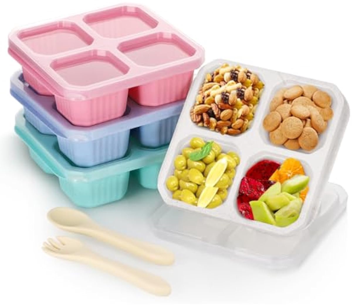 4 stuks snackboxen met vakken, containers voor kinderen en volwassenen, 4 compartimenten bento-lunchdozen, magnetronveiligheid, herbruikbare snackverpakkingen voor school, werk, reizen met lepels en