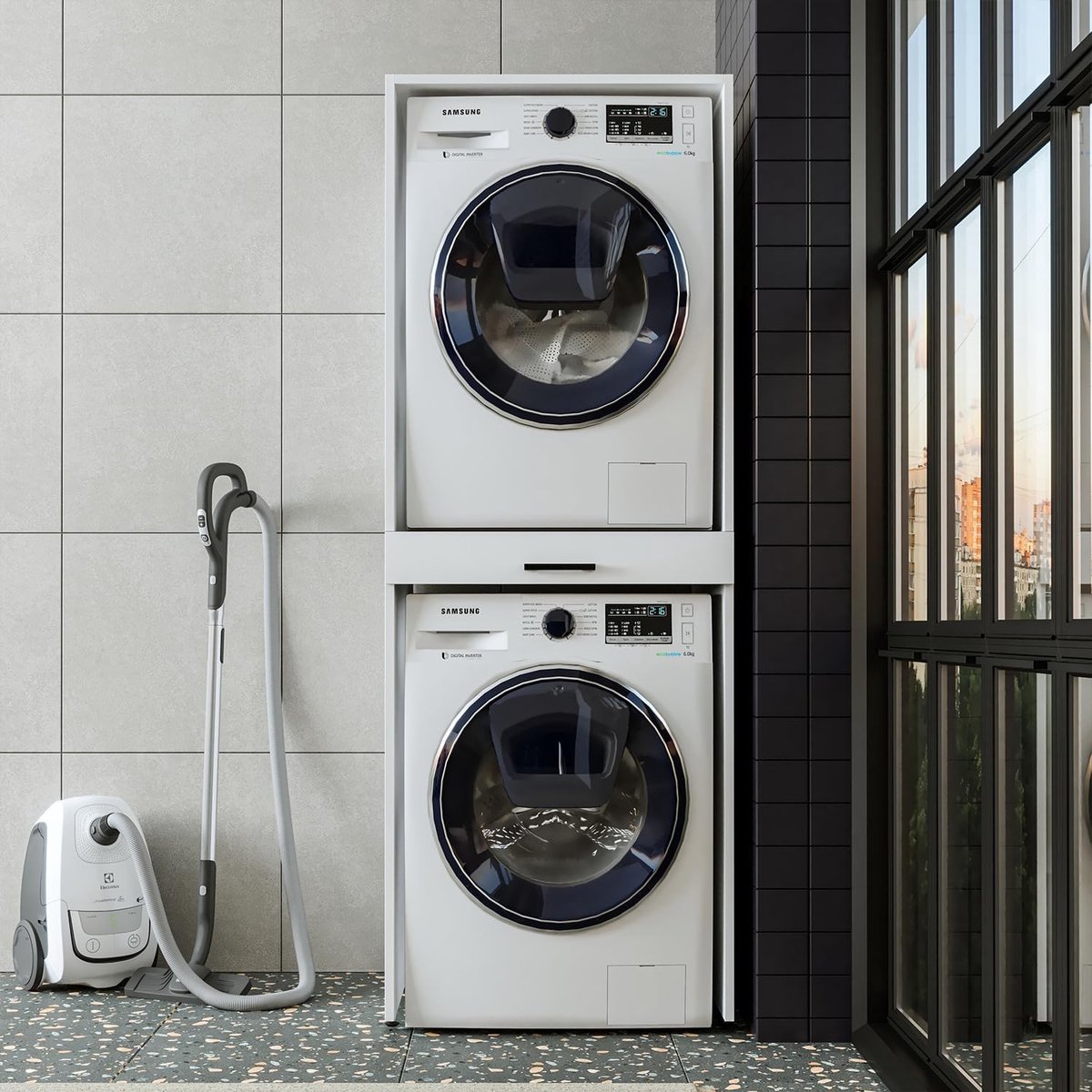 Wasmachinekast met uittrekplank voor droger en wasmachine - ruimtebesparend en stevig