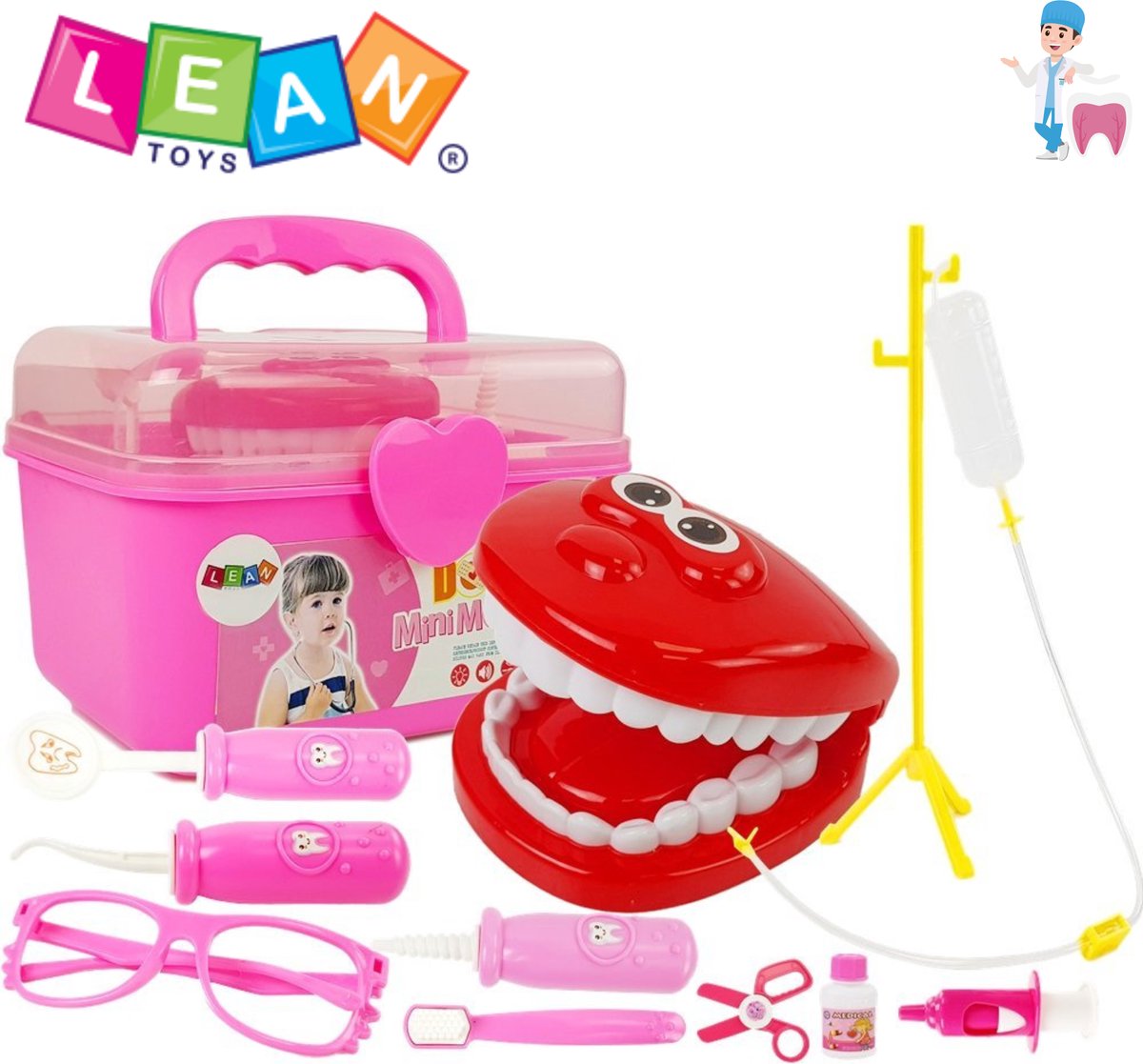 LEAN Toys Dokters- en Tandarts Speelset – Met Infuusstandaard, Tandboor, Spuit, Medicijnen & Tandenborstel – Doktersset Speelgoed - Tandarts Speelgoed - Educatief Rollenspel voor Kinderen + Gratis E-Book