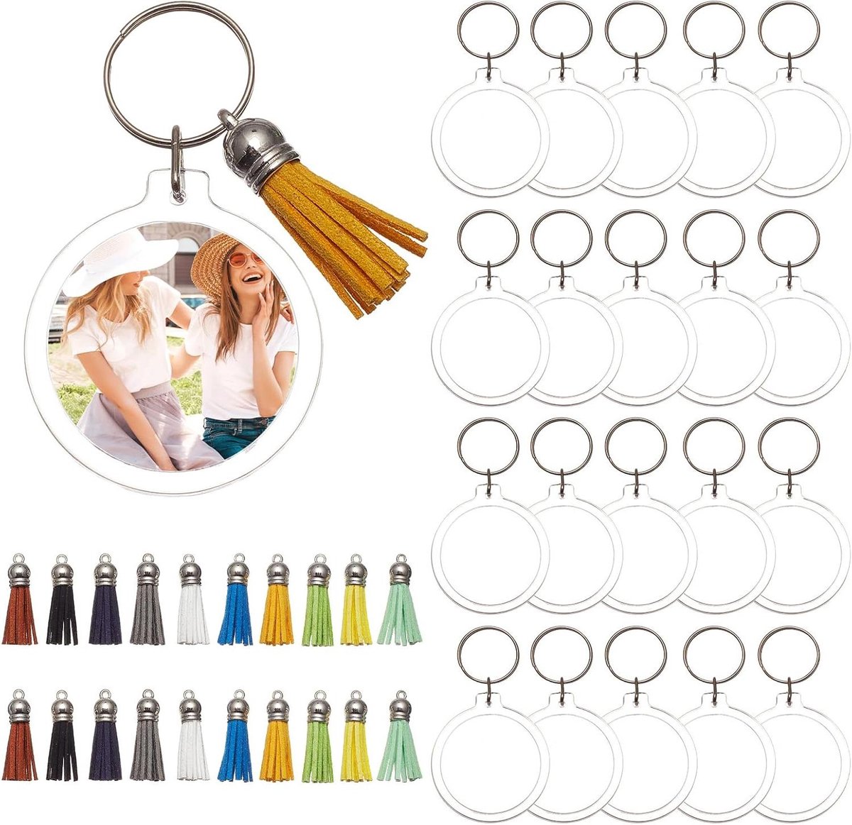 JHubers Goods - Acryl Fotolijst Sleutelhanger Set met Kwastjes en Blanks - DIY Crafting Projecten - Foto Sleutelhanger Accessoires - Leuk en Creatief!