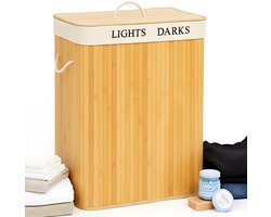 Lomera Wasmand met 2 Vakken - Wassorteerder - Bamboe Materiaal - Afneembaar Deksel - Uitneembare Binnenzak - Wasbare Binnenzak - 100 Liter Inhoud - Naturel Kleur - Was Mand - Was Sorteerder