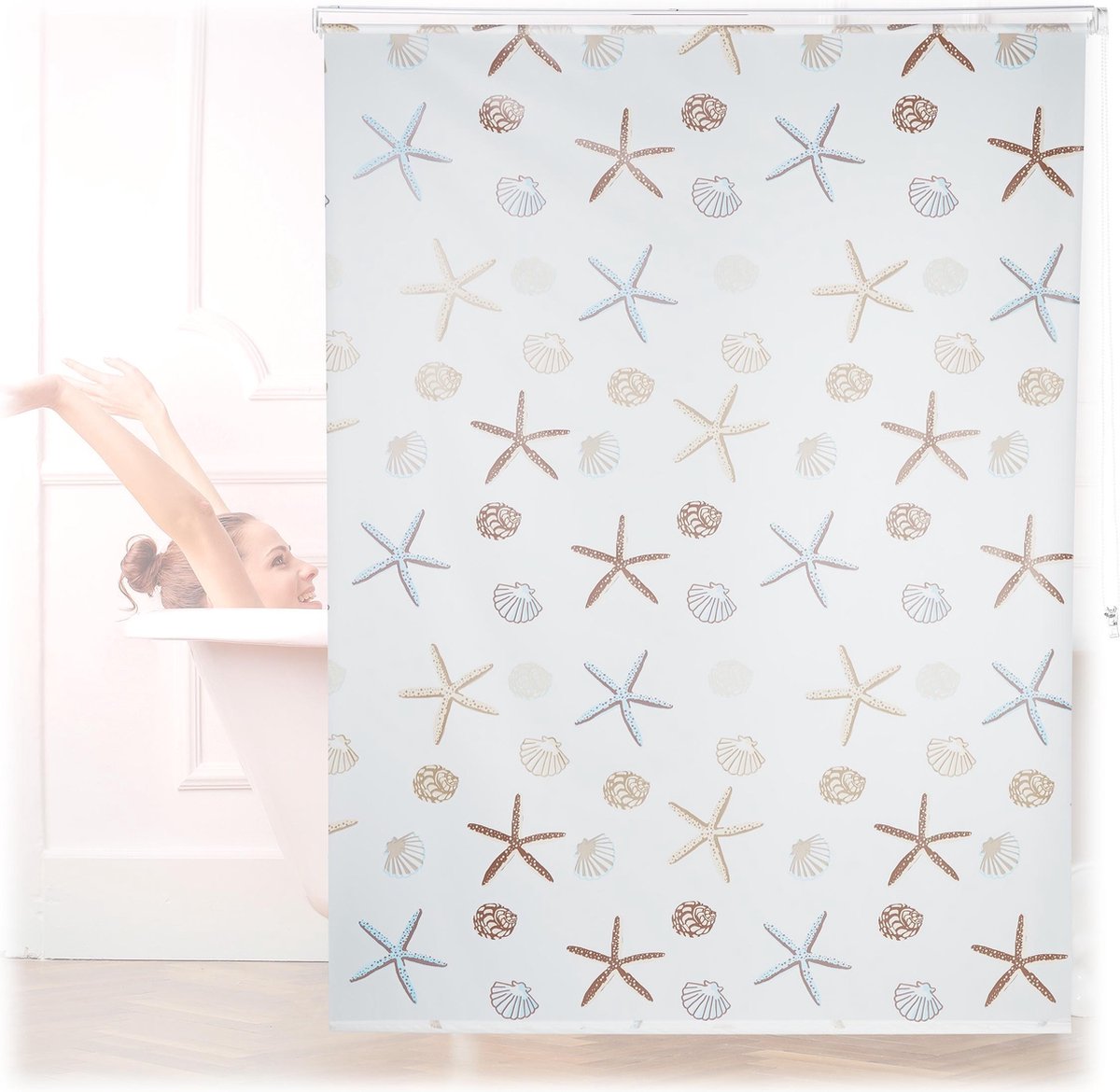 Relaxdays doucherolgordijn Ocean - douchegordijn met rolsysteem - schelpen design - 160x240cm